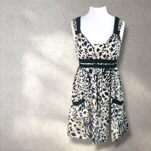 MinkPink Silky Leopard Animal Print Apron Nap Dress, Smocked Back Satiny Pockets